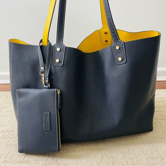 J. McLaughlin Bags J Mclaughlin Reversible Leather Relaxed Tote In Navy And Yellow Poshmark